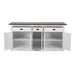 Halifax Accent Buffet front view with open doors and drawers, showing shelves and storage compartments in a white sideboard with dark timber top.