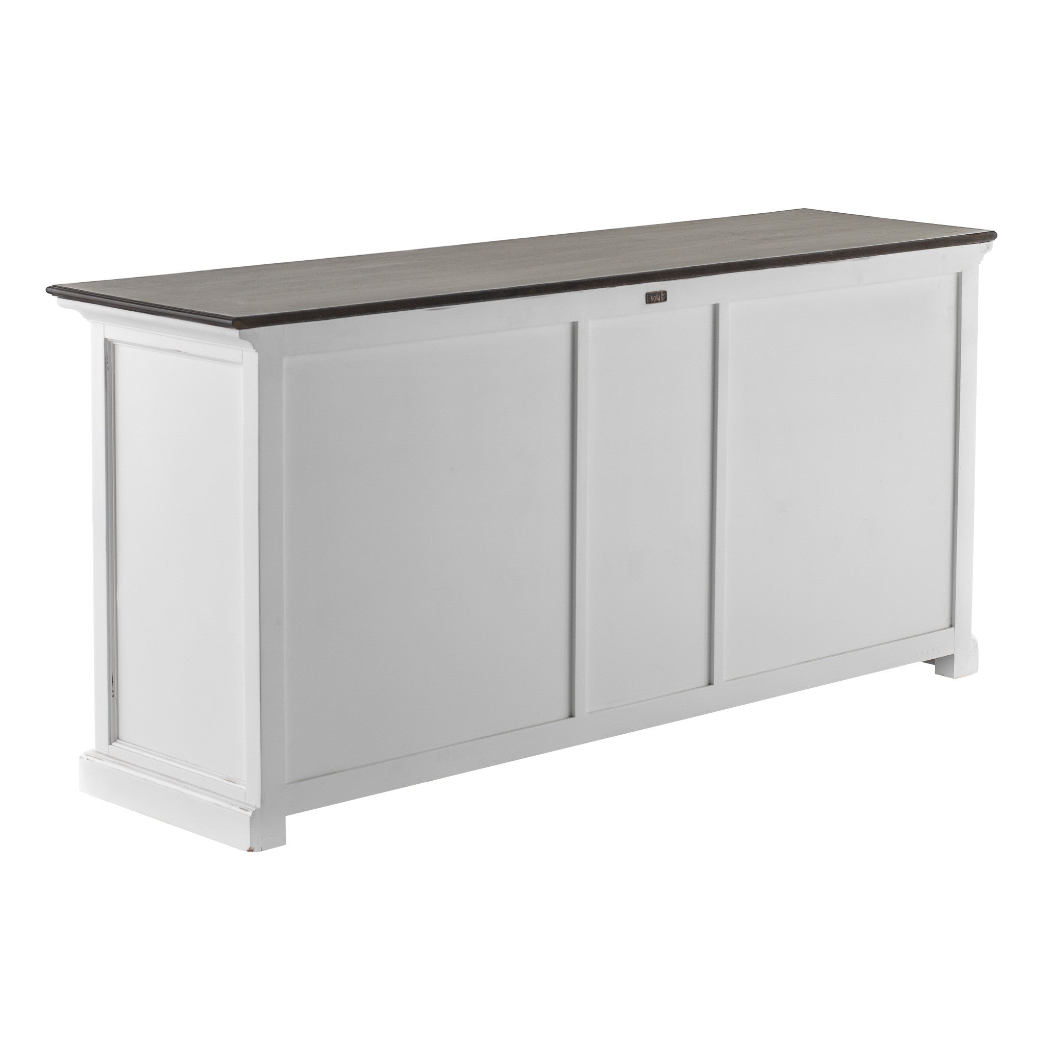 Halifax Accent Buffet rear angled view showing finished back panels, white painted frame and dark timber top.
