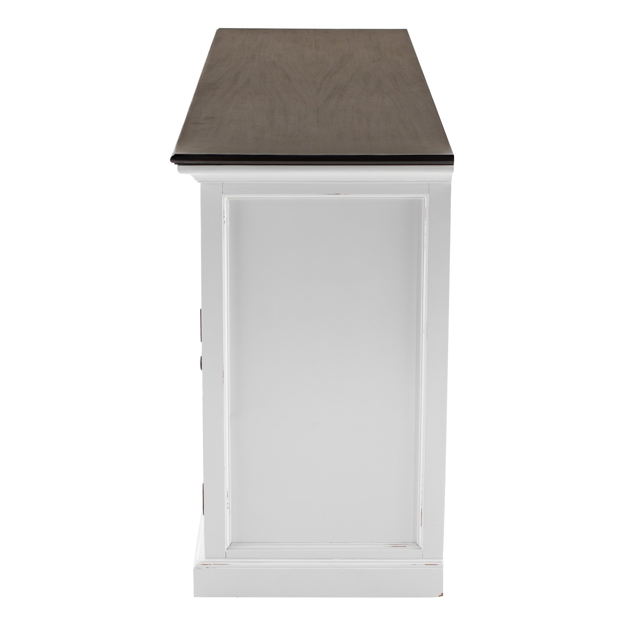 Halifax Accent Buffet side panel view showing white painted coastal cabinet body, dark timber top and classic moulded detailing.