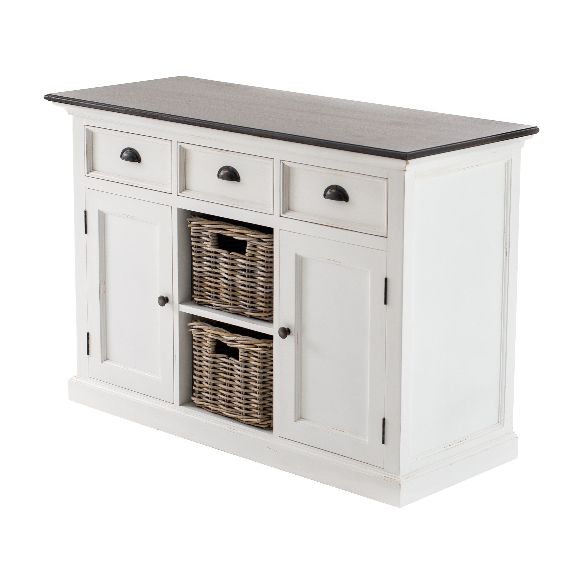 Halifax Accent Buffet with 2 baskets angled front view, white painted Hamptons sideboard with three drawers, two doors, baskets and dark timber top.