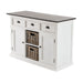 Halifax Accent Buffet with 2 baskets angled front view, white painted Hamptons sideboard with three drawers, two doors, baskets and dark timber top.