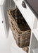 Halifax Accent Buffet with 2 baskets close-up showing removable woven rattan basket, antique black handle and white distressed sideboard finish.