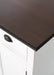 Halifax Accent Buffet with 2 baskets close-up of dark timber top, black edge trim and white painted cabinet detail.