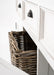 Halifax Accent Buffet with 2 baskets angled detail showing antique black drawer handle, framed white drawer front and woven rattan basket storage.