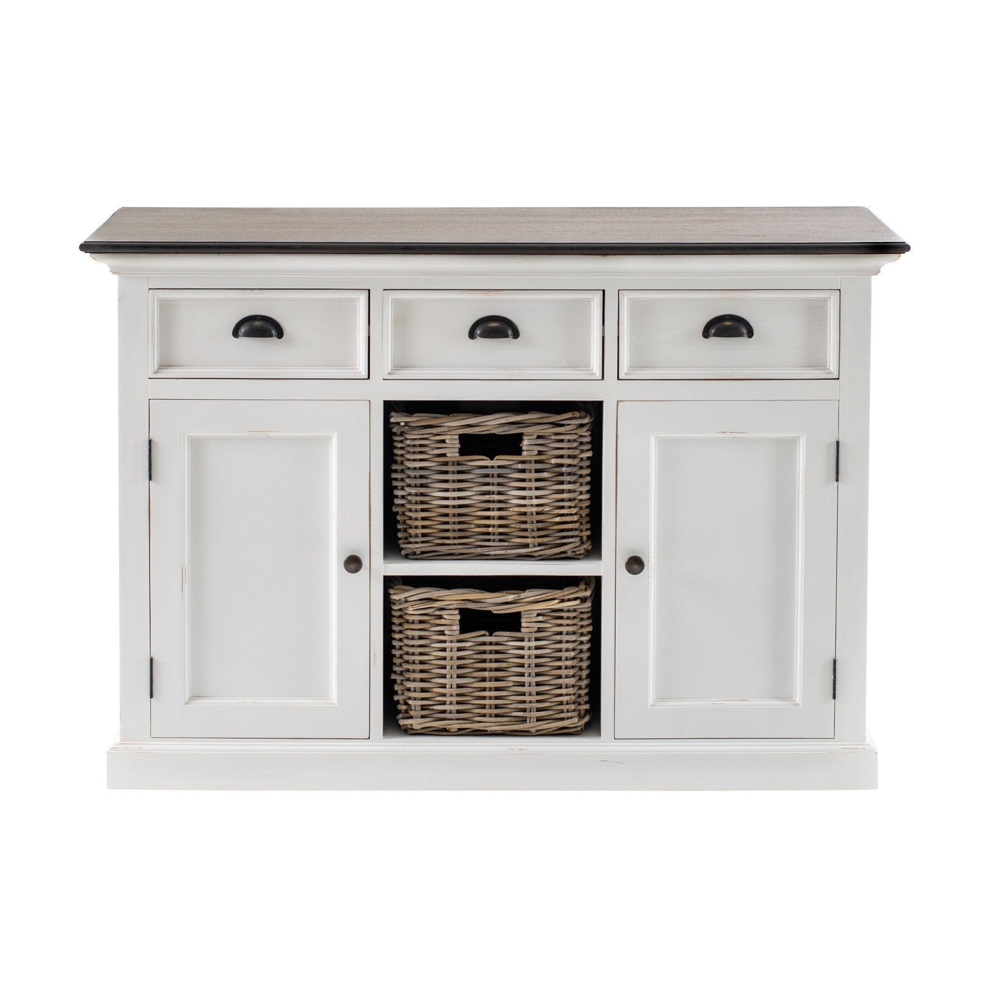 Halifax Accent Buffet with 2 baskets front view, white painted sideboard with three drawers, two cabinet doors, two rattan baskets and dark timber top.