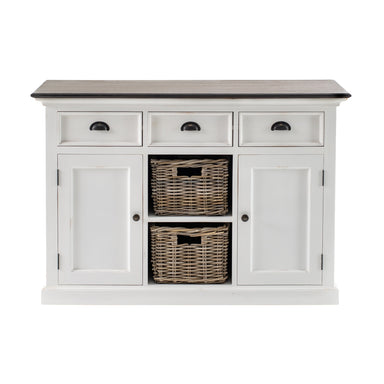 Halifax Accent Buffet with 2 baskets front view, white painted sideboard with three drawers, two cabinet doors, two rattan baskets and dark timber top.