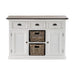 Halifax Accent Buffet with 2 baskets front view, white painted sideboard with three drawers, two cabinet doors, two rattan baskets and dark timber top.