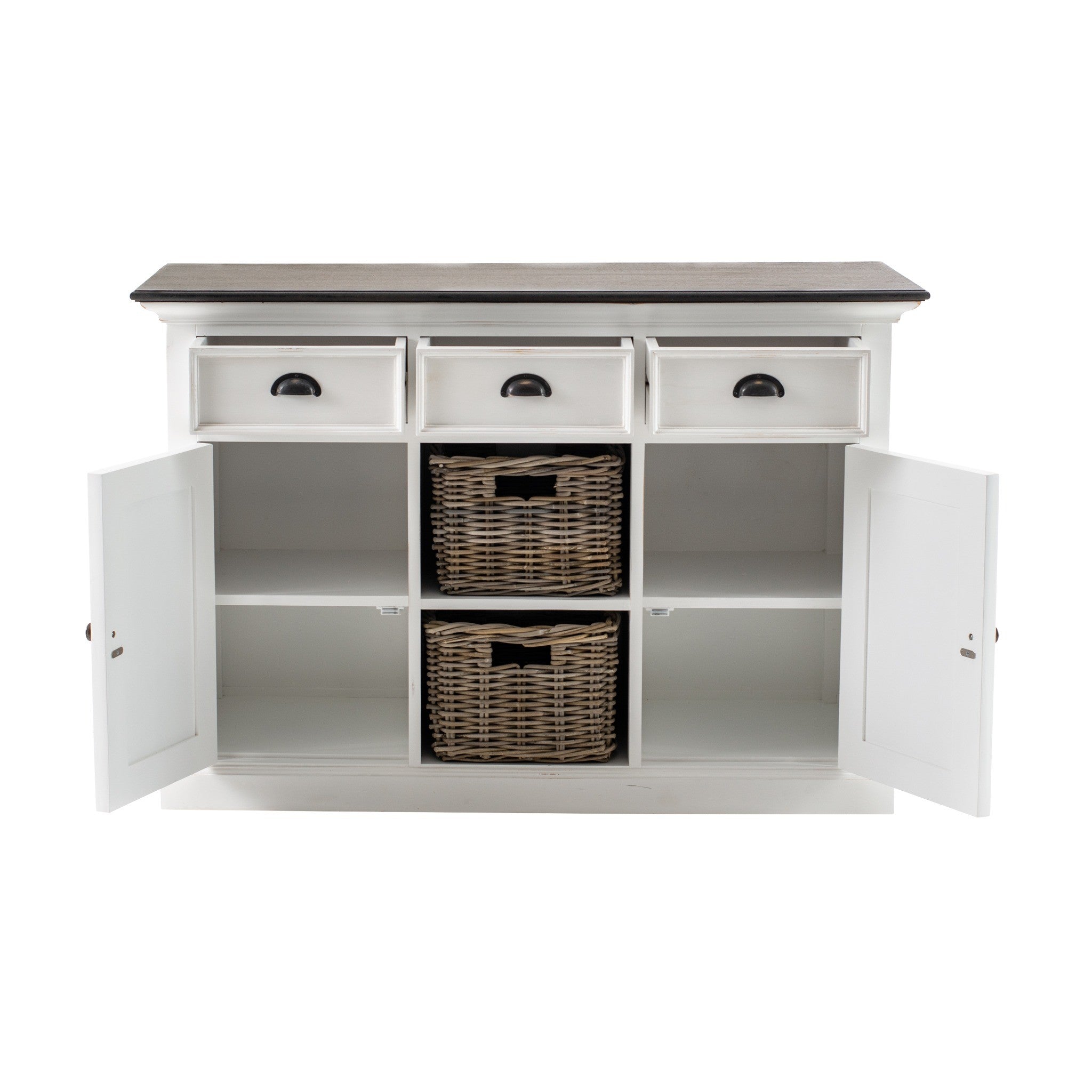Halifax Accent Buffet with 2 baskets front view with open cabinet doors, three drawers, internal shelves, dark timber top and rattan baskets.