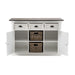 Halifax Accent Buffet with 2 baskets front view with open cabinet doors, three drawers, internal shelves, dark timber top and rattan baskets.