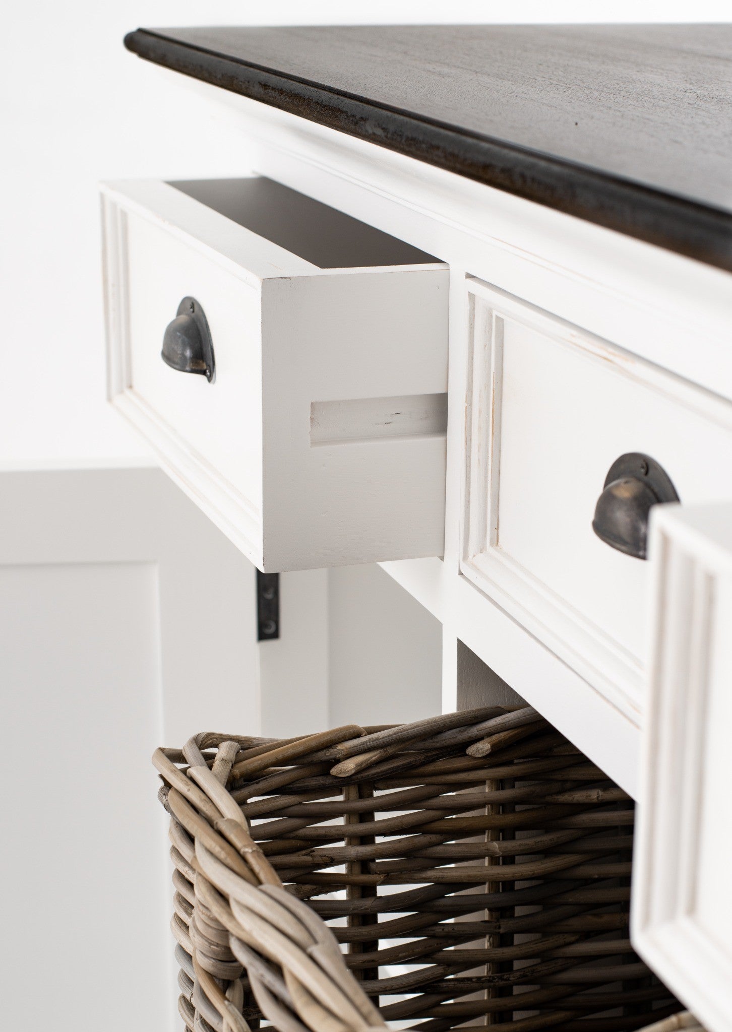 Halifax Accent Buffet with 2 baskets detail showing open drawer, woven rattan basket storage, antique black handle and white painted finish.