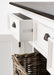Halifax Accent Buffet with 2 baskets detail showing open drawer, woven rattan basket storage, antique black handle and white painted finish.
