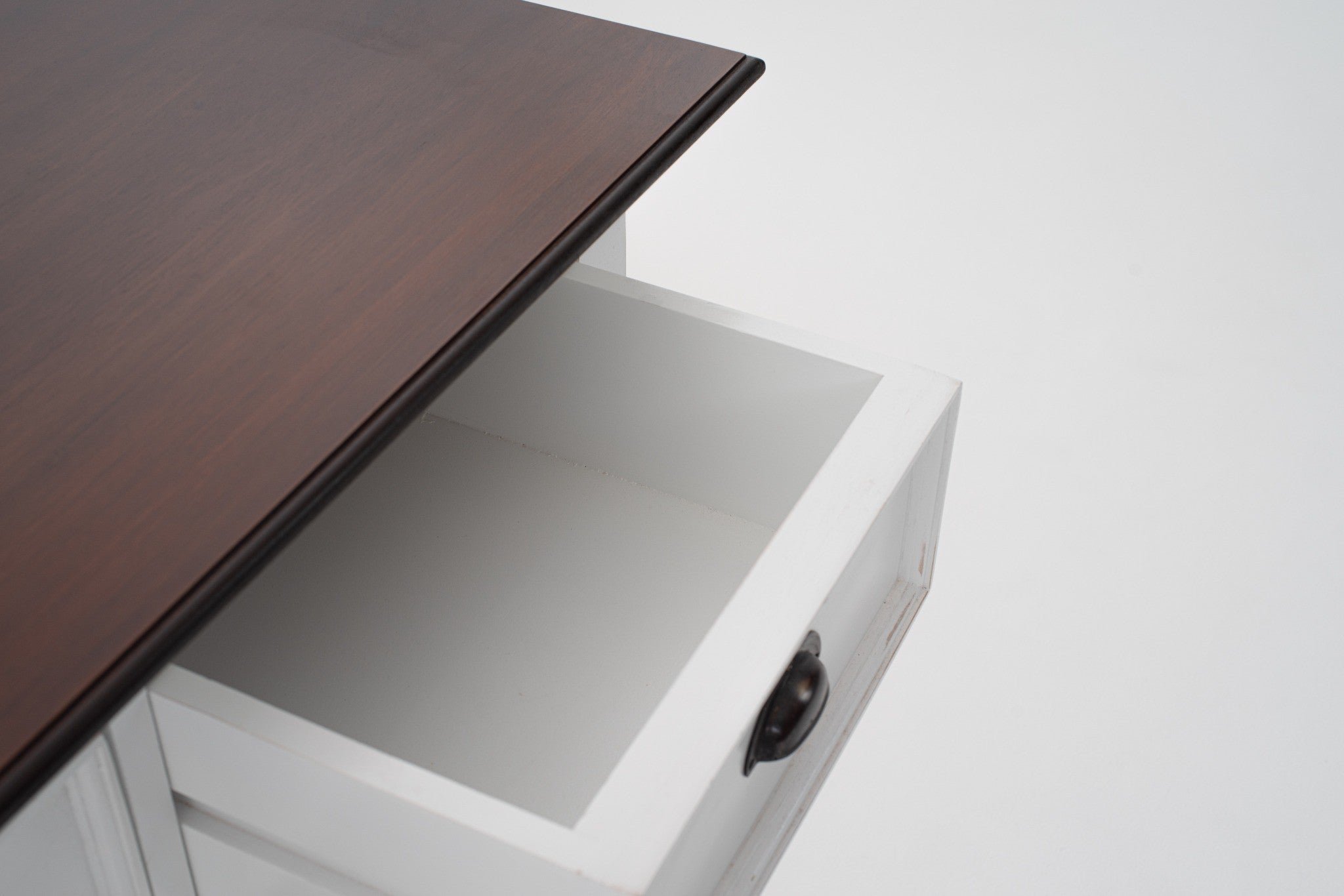 Halifax Accent Buffet with 2 baskets close-up of open drawer, dark timber top and white painted drawer box for sideboard storage.