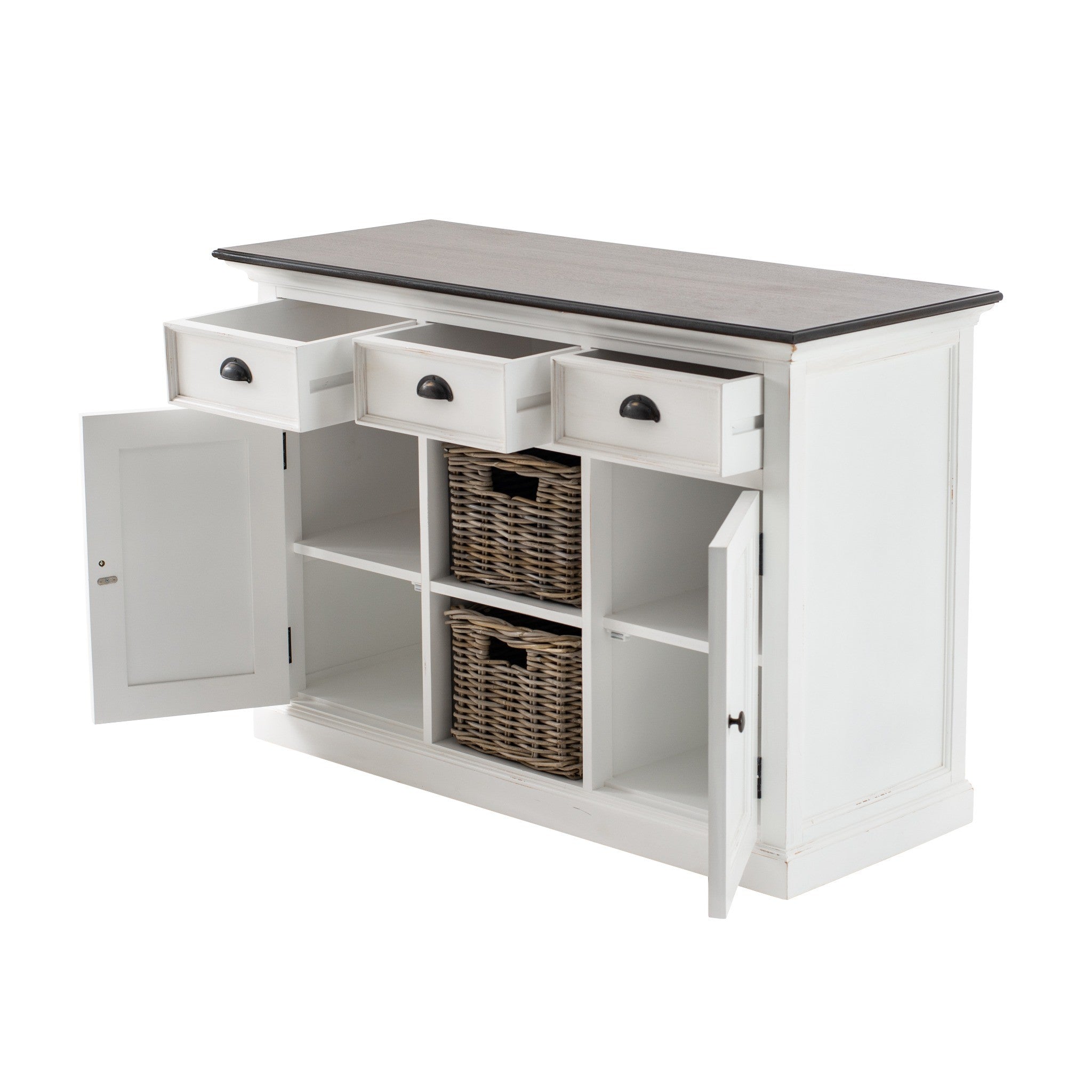 Halifax Accent Buffet with 2 baskets angled front view with open drawers and doors, centre rattan baskets, shelving and dark timber top.