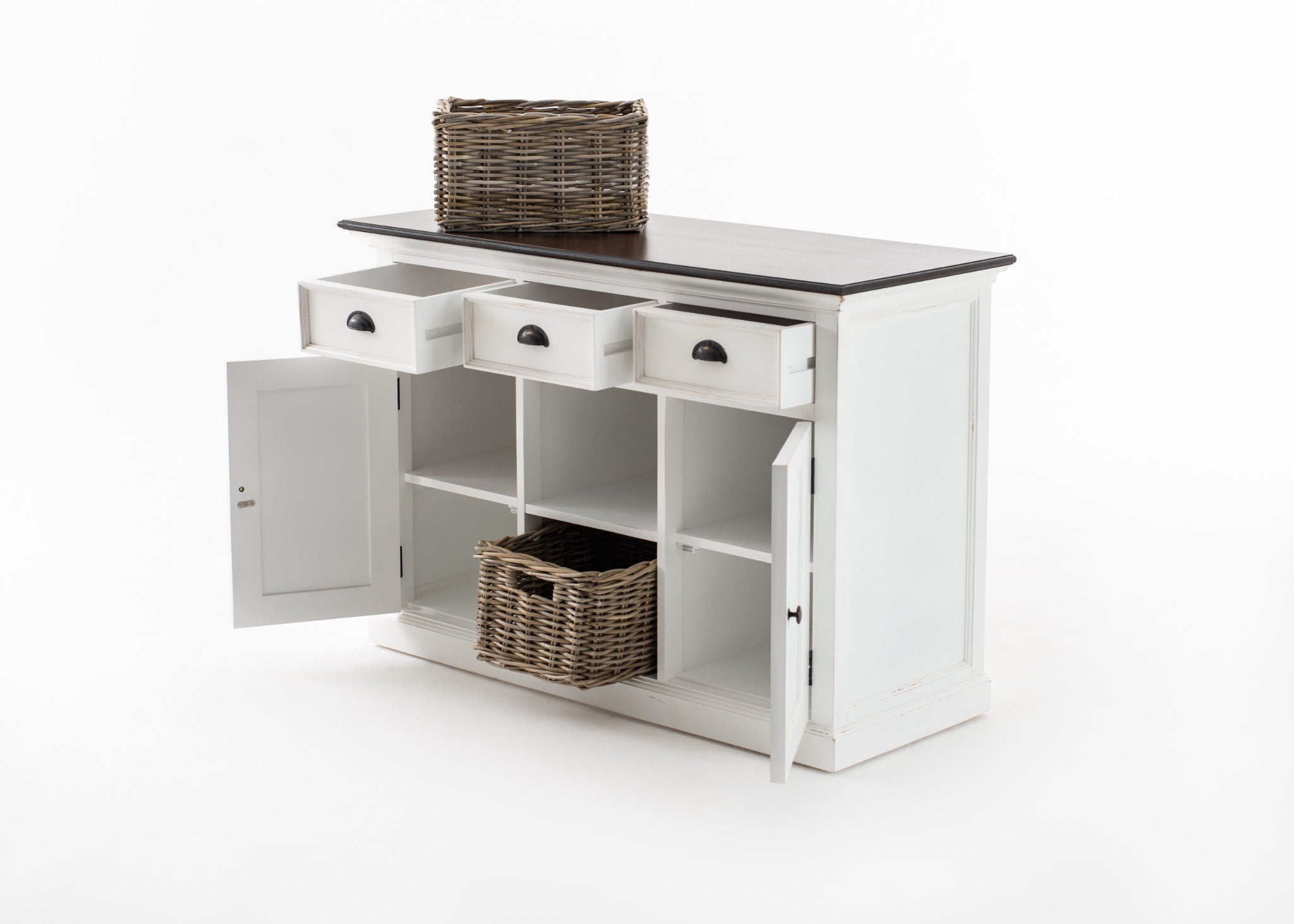 Halifax Accent Buffet with 2 baskets angled open storage view, white sideboard with three drawers, open doors, shelves and removable rattan baskets.