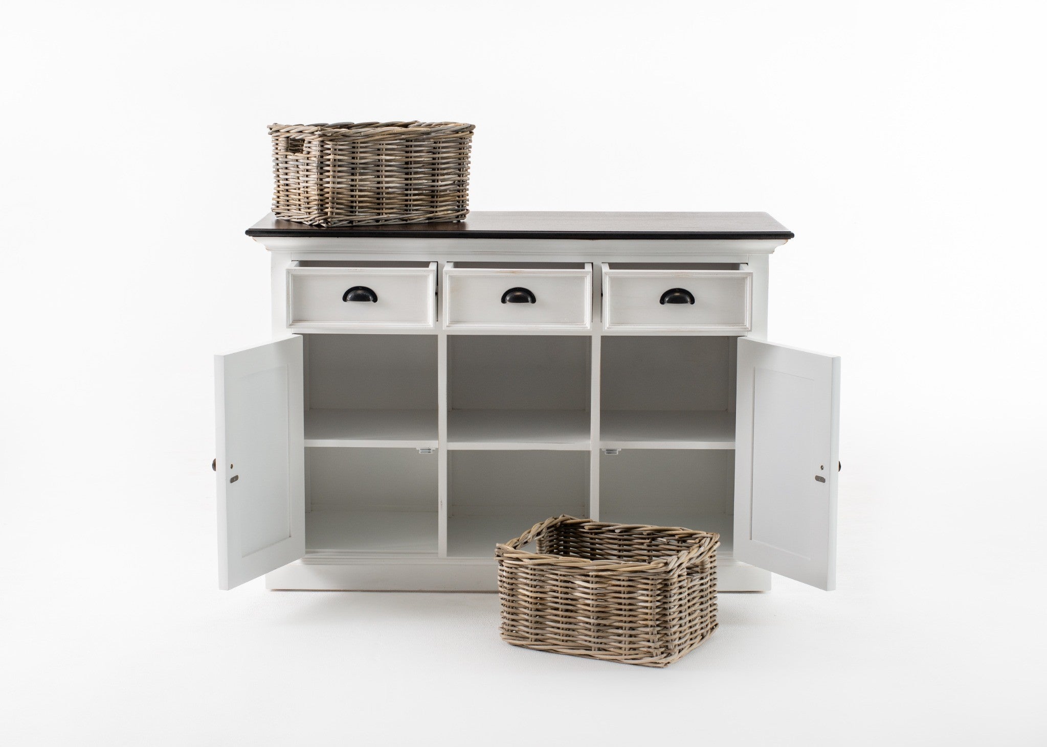 Halifax Accent Buffet with 2 baskets studio view with open doors, drawers and removable rattan baskets showing flexible sideboard storage.