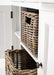 Halifax Accent Buffet with 2 baskets close-up showing woven rattan basket in centre cubby, white painted sideboard frame and open cabinet door.