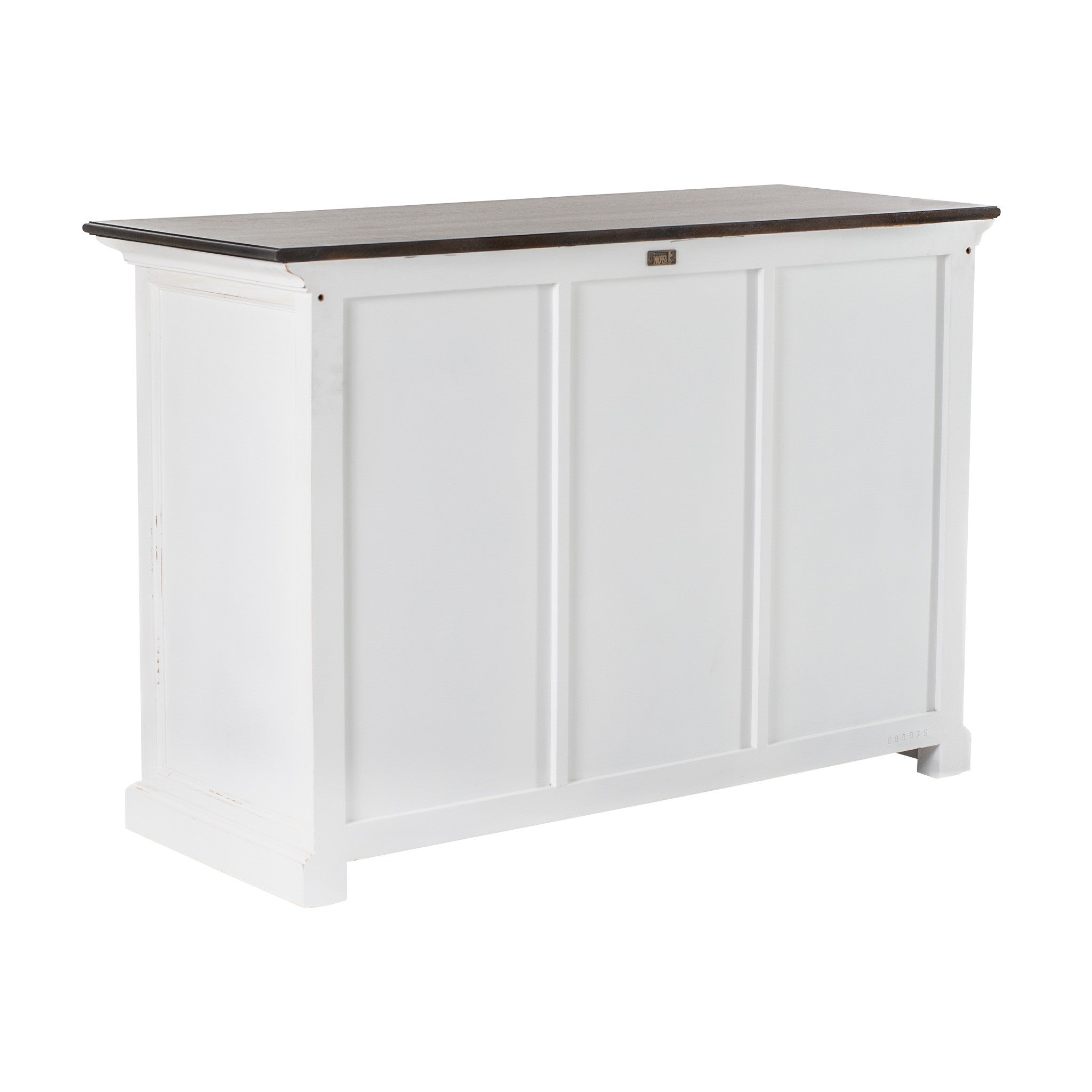 Halifax Accent Buffet with 2 baskets rear angled view showing white painted back panel construction, side panel detail and dark timber top.