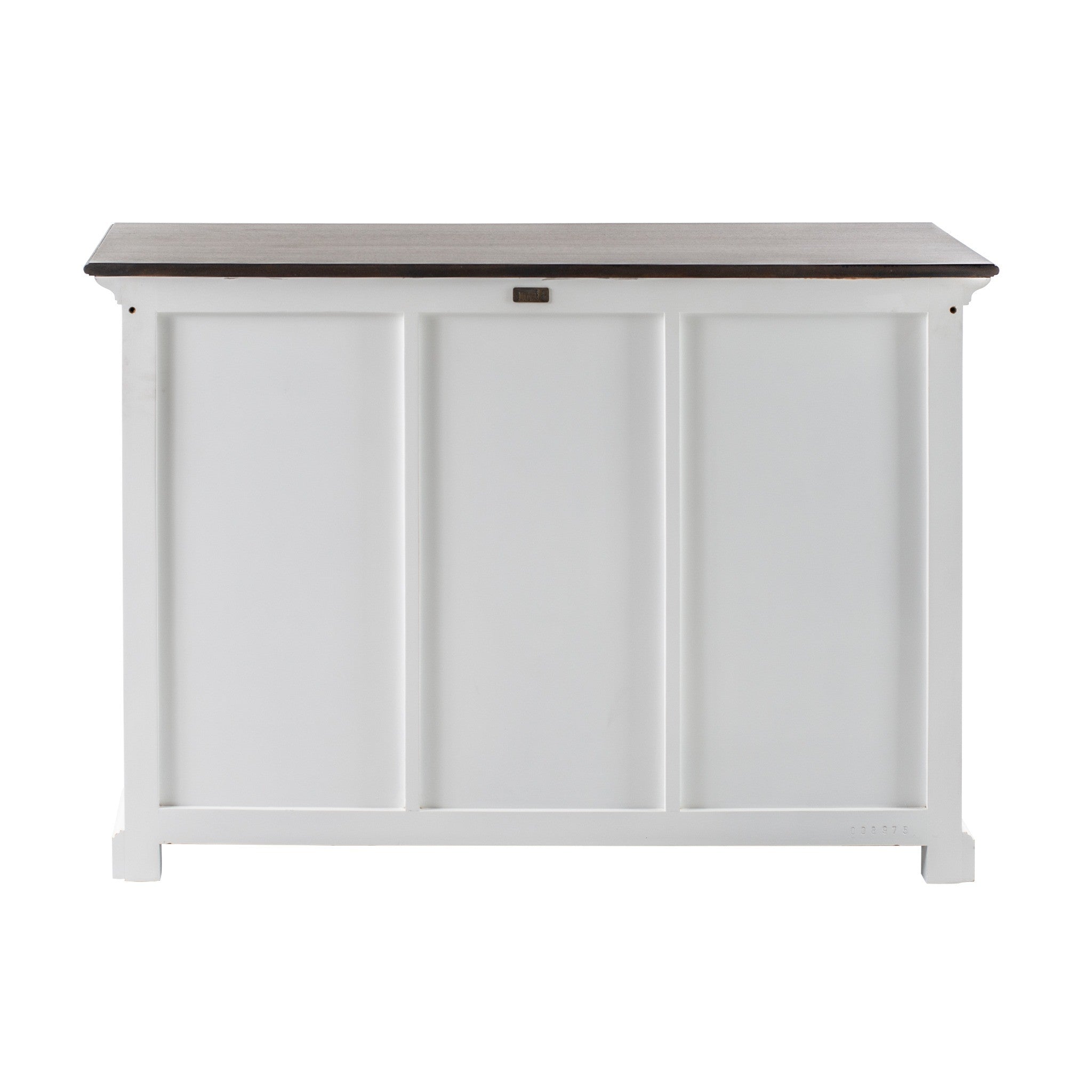 Halifax Accent Buffet with 2 baskets rear view showing white painted back panels, dark timber top and long sideboard cabinet frame.