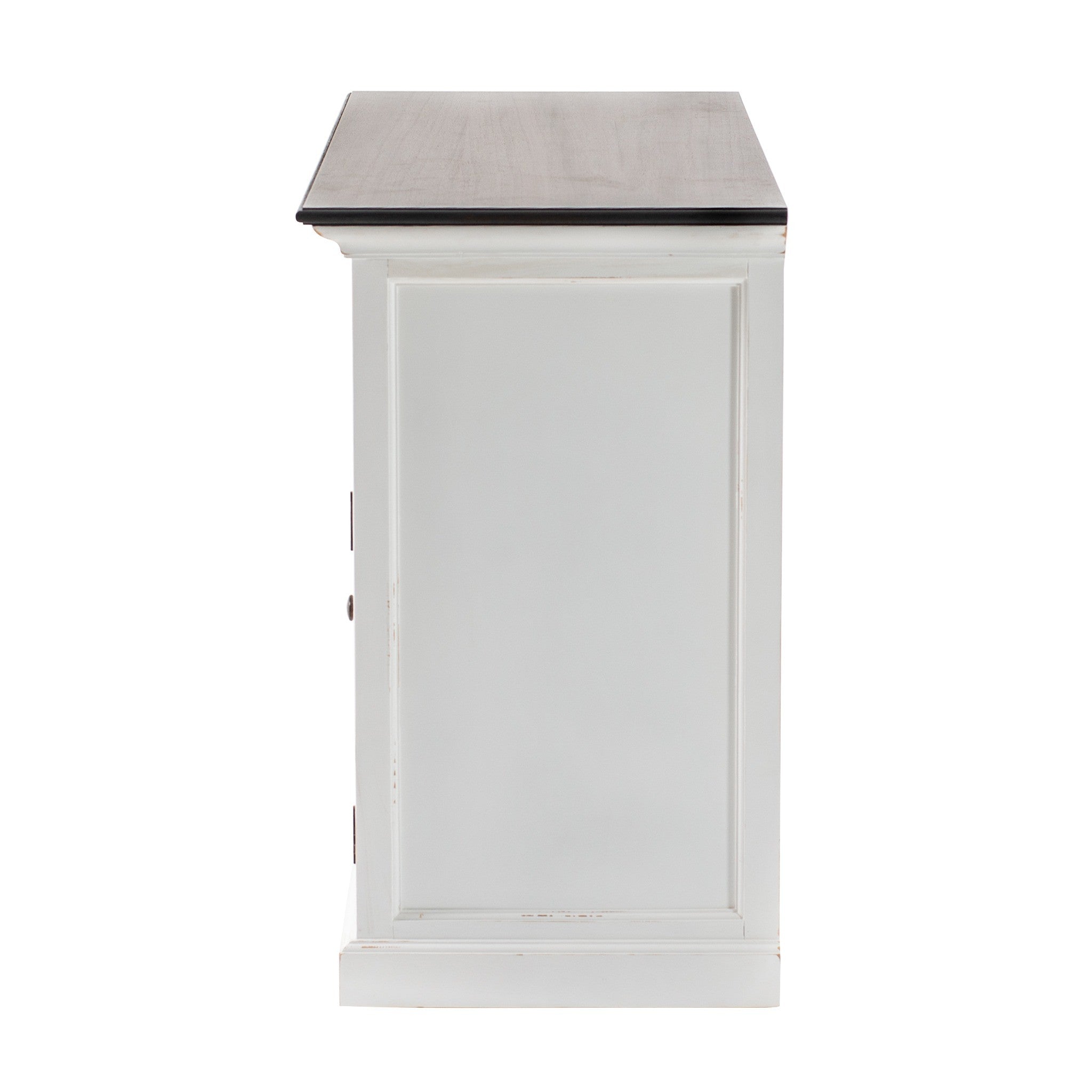 Halifax Accent Buffet with 2 baskets side view showing white painted panel detail, dark timber top and classic Hamptons coastal sideboard profile.