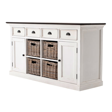 Halifax Accent Buffet with 4 baskets angled front view, white distressed finish, dark timber top, four drawers, two doors and woven basket storage.