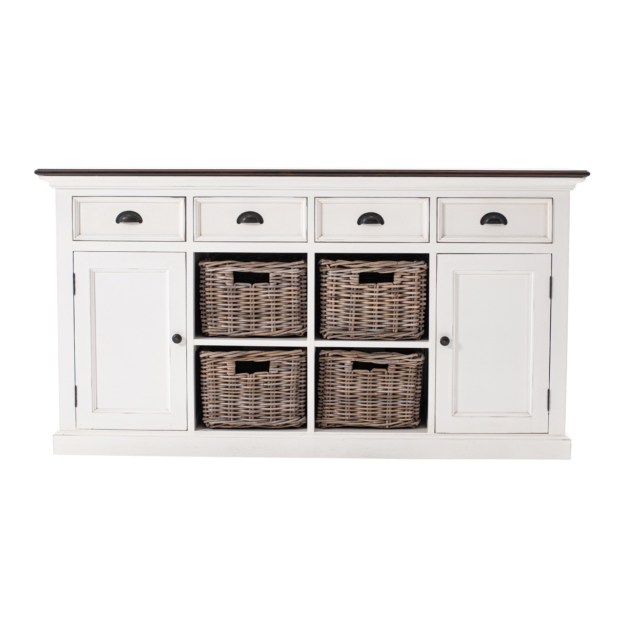 Halifax Accent Buffet with 4 baskets front view, white painted sideboard with four rattan baskets, two cabinet doors, four drawers and dark timber top.