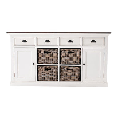 Halifax Accent Buffet with 4 baskets front view, white painted sideboard with four rattan baskets, two cabinet doors, four drawers and dark timber top.