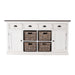 Halifax Accent Buffet with 4 baskets front view, white painted sideboard with four rattan baskets, two cabinet doors, four drawers and dark timber top.