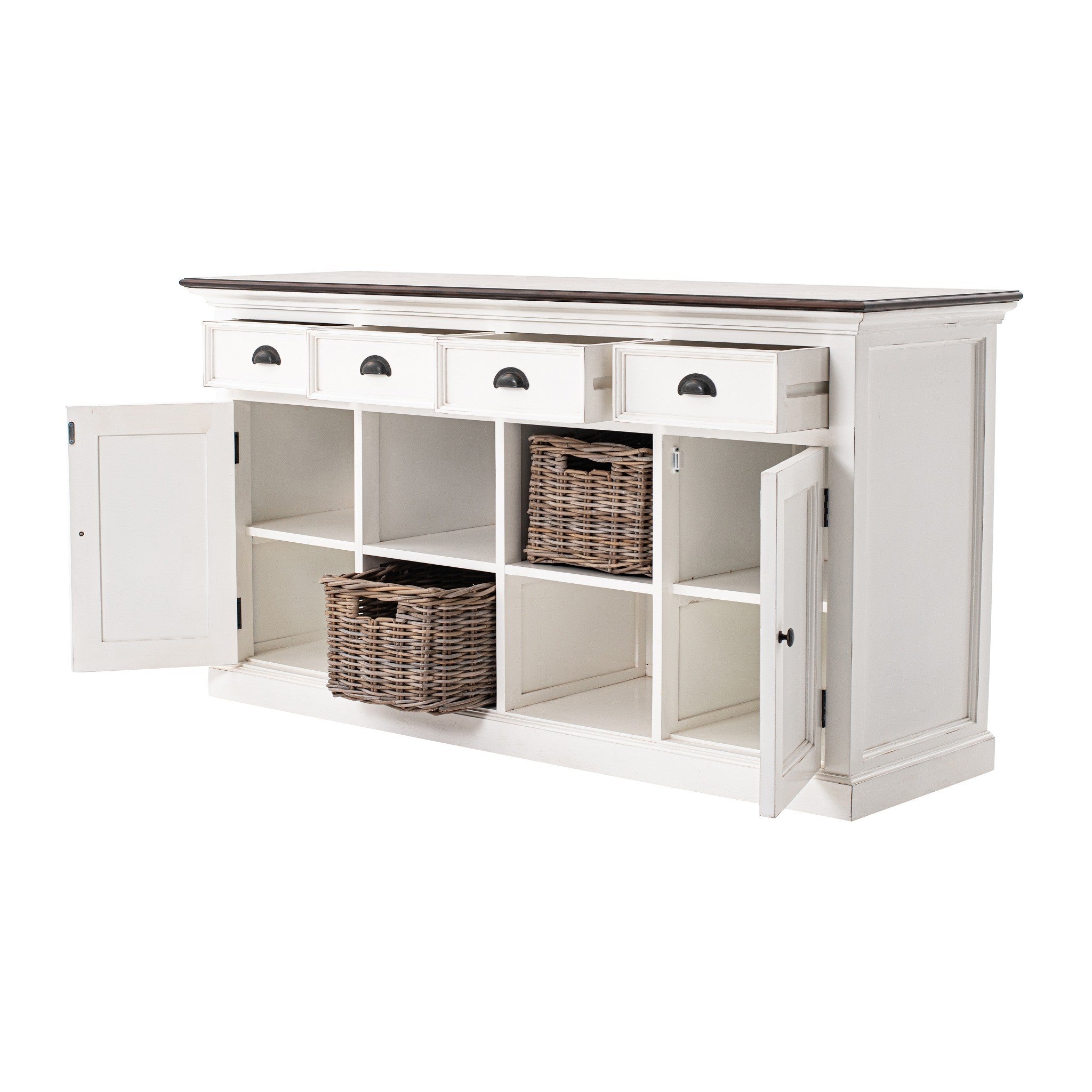 Halifax Accent Buffet with 4 baskets open doors and drawers view, showing internal shelving, removable rattan baskets and practical sideboard storage.