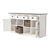 Halifax Accent Buffet with 4 baskets open doors and drawers view, showing internal shelving, removable rattan baskets and practical sideboard storage.