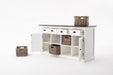 Halifax Accent Buffet with 4 baskets studio view with open doors and drawers, showing removable rattan baskets and generous sideboard storage.
