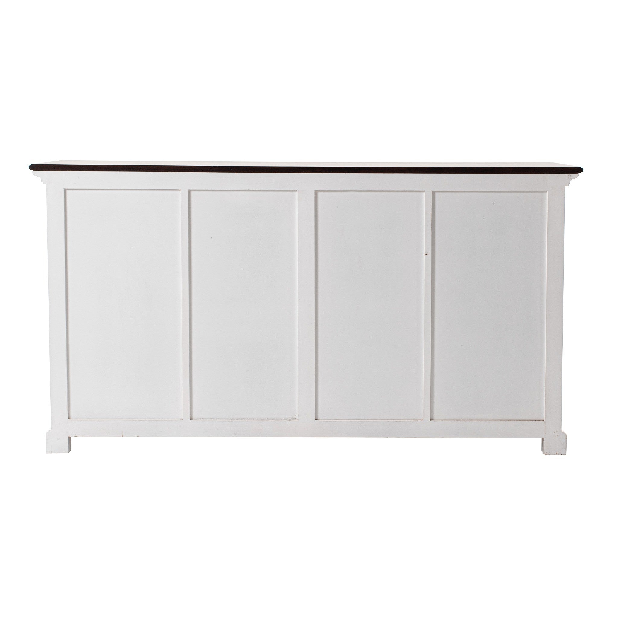 Halifax Accent Buffet with 4 baskets rear view showing white painted back panels, long sideboard cabinet frame and dark timber top.