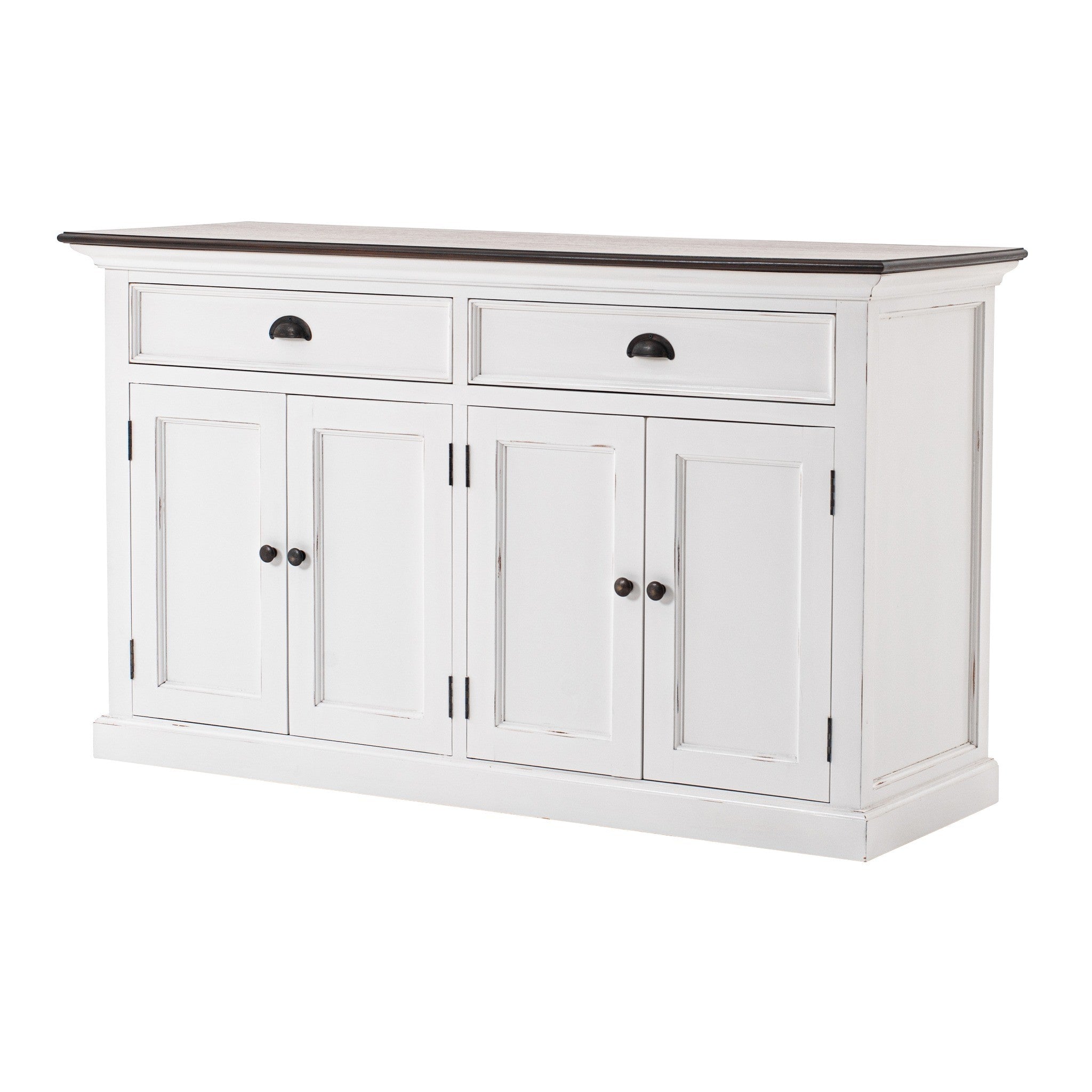 Halifax Accent Classic Buffet angled front view, white coastal sideboard with two drawers, four doors, dark timber top and antique black handles.