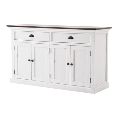 Halifax Accent Classic Buffet angled front view, white coastal sideboard with two drawers, four doors, dark timber top and antique black handles.