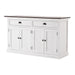 Halifax Accent Classic Buffet angled front view, white coastal sideboard with two drawers, four doors, dark timber top and antique black handles.