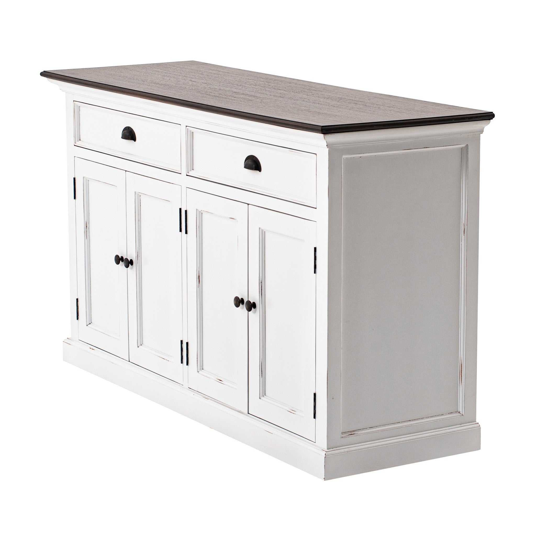 Halifax Accent Classic Buffet angled side view, white painted Hamptons buffet with four cabinet doors, two drawers and dark timber top.