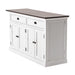 Halifax Accent Classic Buffet angled side view, white painted Hamptons buffet with four cabinet doors, two drawers and dark timber top.