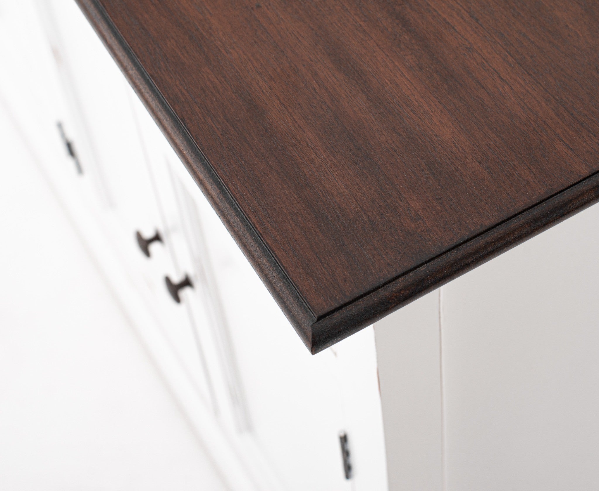 Halifax Accent Classic Buffet close-up of dark timber top edge, white painted sideboard frame and distressed coastal finish.
