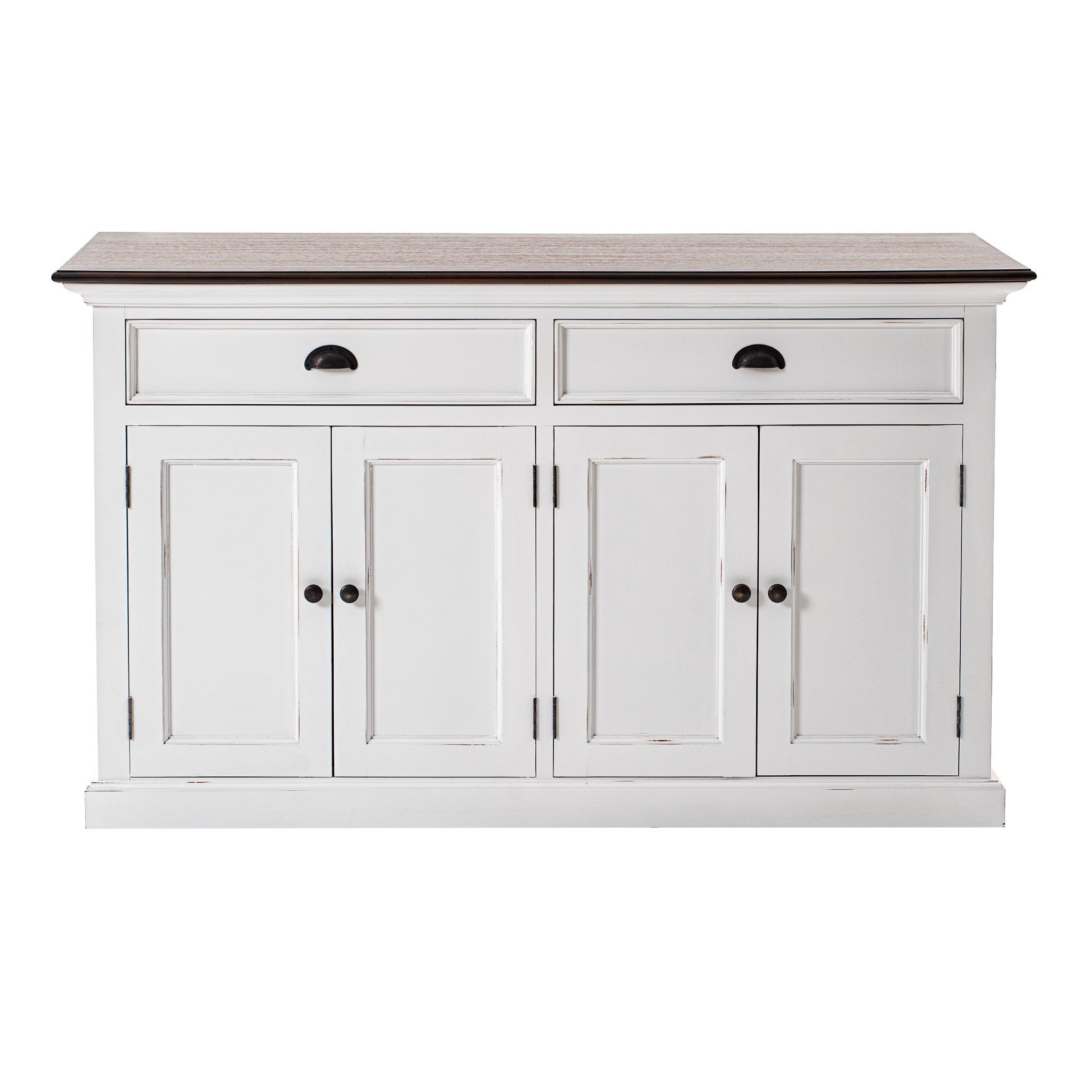 Halifax Accent Classic Buffet front view, white painted Hamptons sideboard with two drawers, four cabinet doors, dark timber top and black hardware.