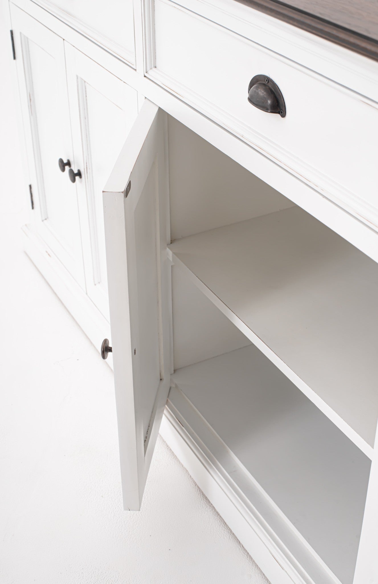 Halifax Accent Classic Buffet close-up of open cabinet door and internal shelf storage beneath drawer with black cup handle.