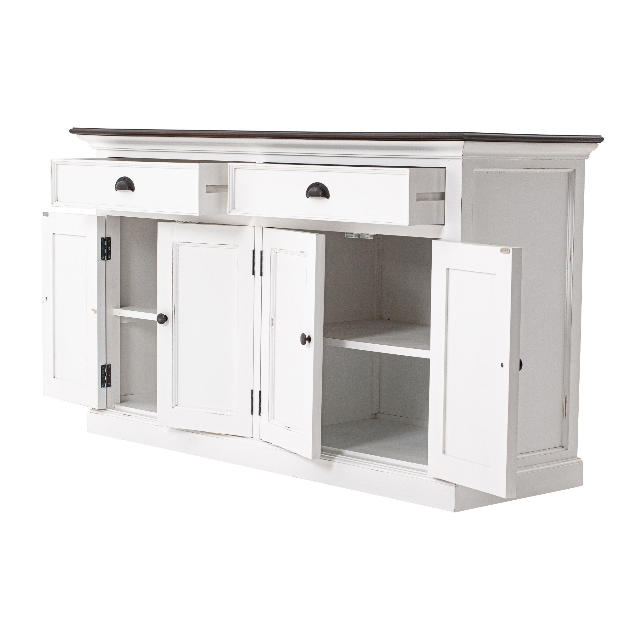 Halifax Accent Classic Buffet angled view with open doors and drawers showing internal shelving, white painted storage cabinet and dark timber top.