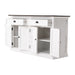 Halifax Accent Classic Buffet angled view with open doors and drawers showing internal shelving, white painted storage cabinet and dark timber top.