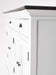 Halifax Accent Classic Buffet side detail showing white painted panel, drawer front, antique black cup handle and dark timber top edge.