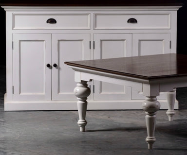 Halifax Accent Classic Buffet styled in dining room setting with matching white and dark timber furniture, drawers and cabinet doors.