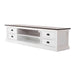 Halifax Accent Large ETU with 4 drawers, angled front view of white media console with open shelving and dark timber top.