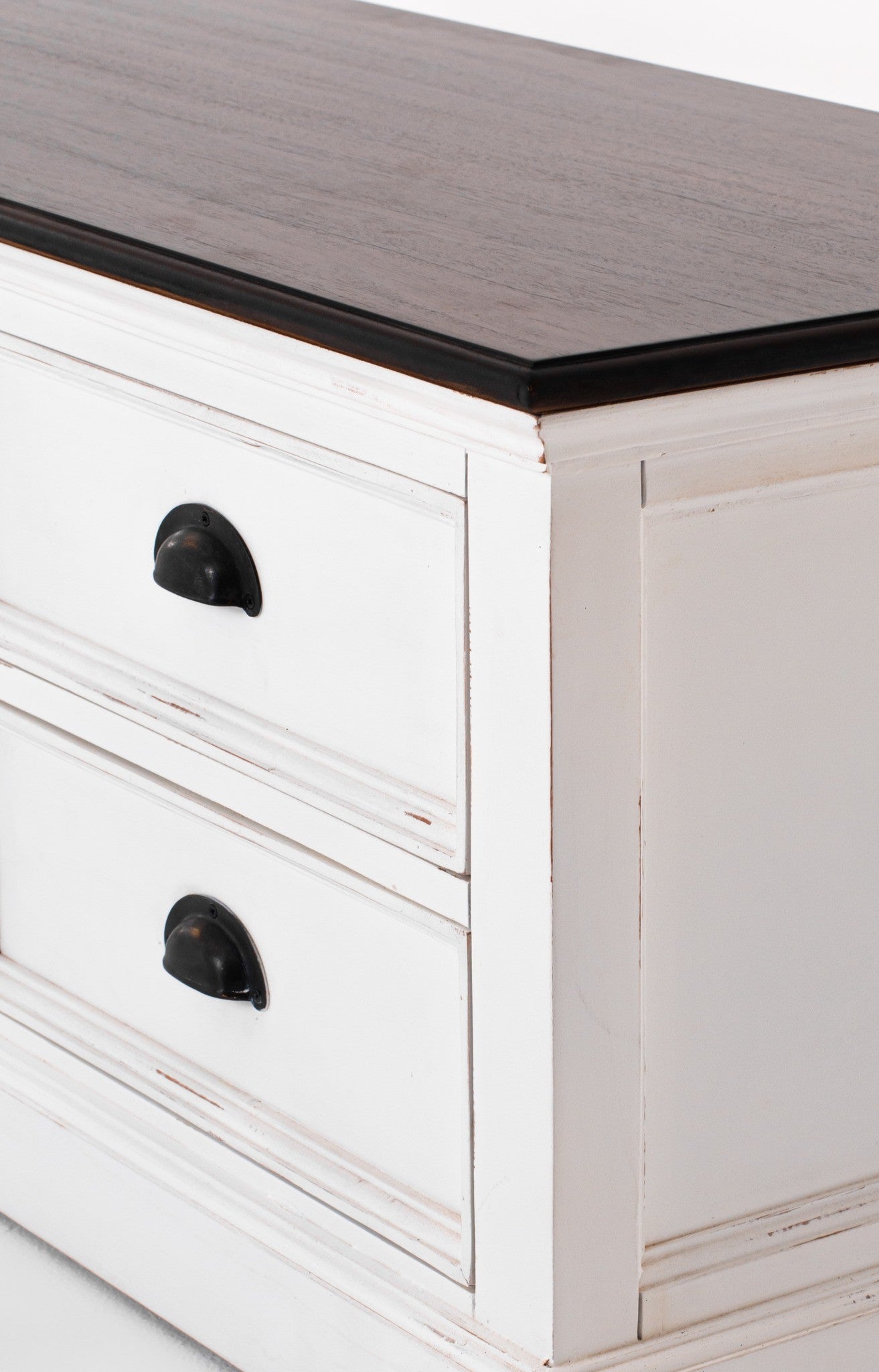 Halifax Accent Large ETU with 4 drawers, close-up side detail of the drawers, white finish and antique cup pull handles.