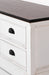 Halifax Accent Large ETU with 4 drawers, close-up side detail of the drawers, white finish and antique cup pull handles.