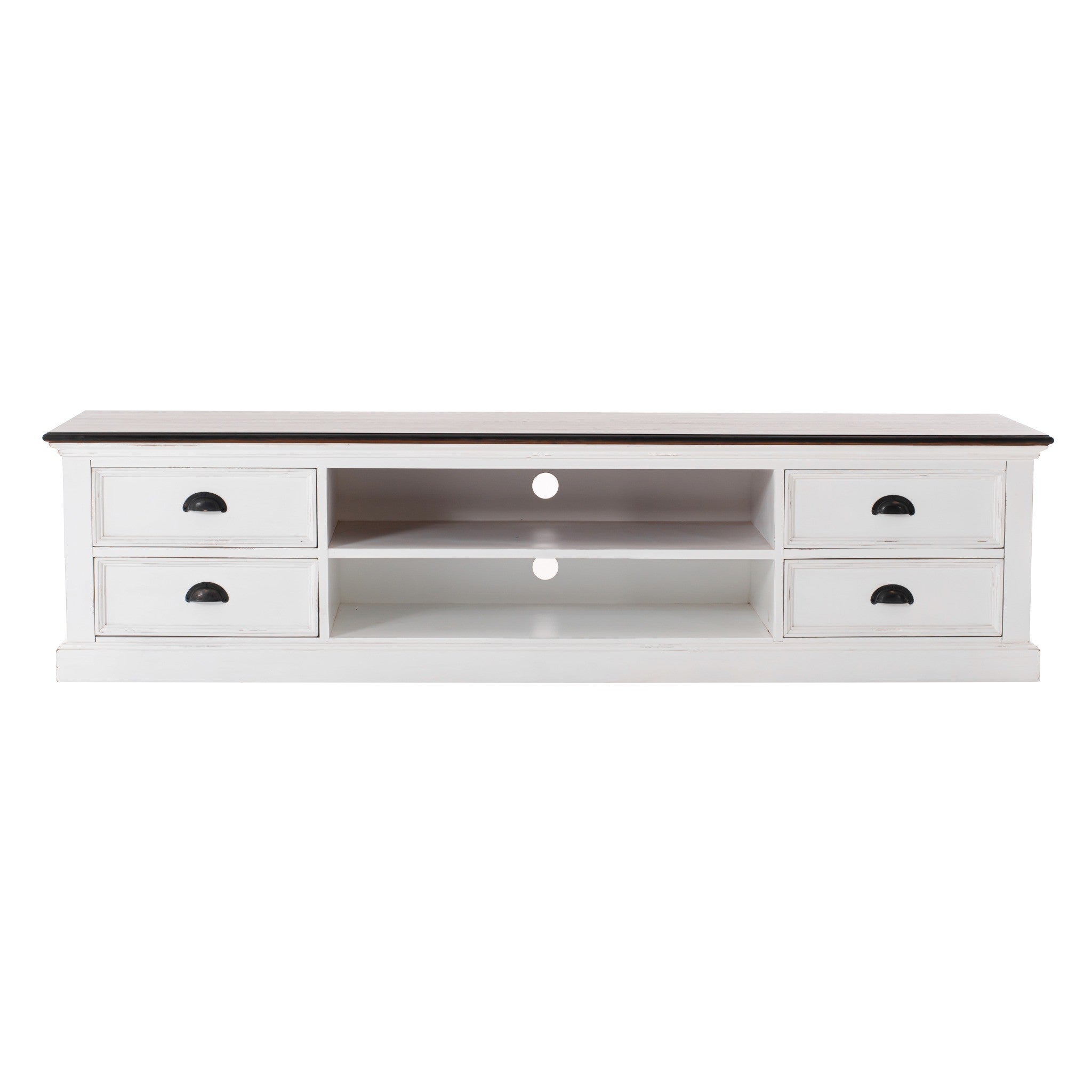 Halifax Accent Large ETU with 4 drawers, front view of white entertainment unit with open shelves, dark timber top and antique cup pull handles.