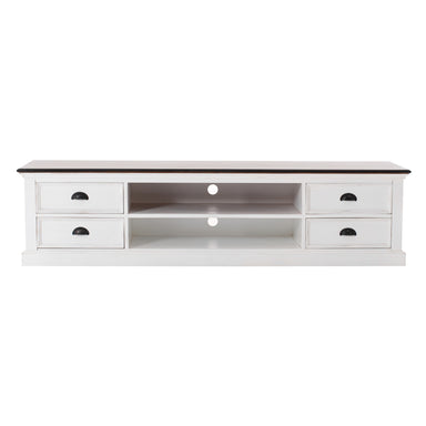 Halifax Accent Large ETU with 4 drawers, front view of white entertainment unit with open shelves, dark timber top and antique cup pull handles.