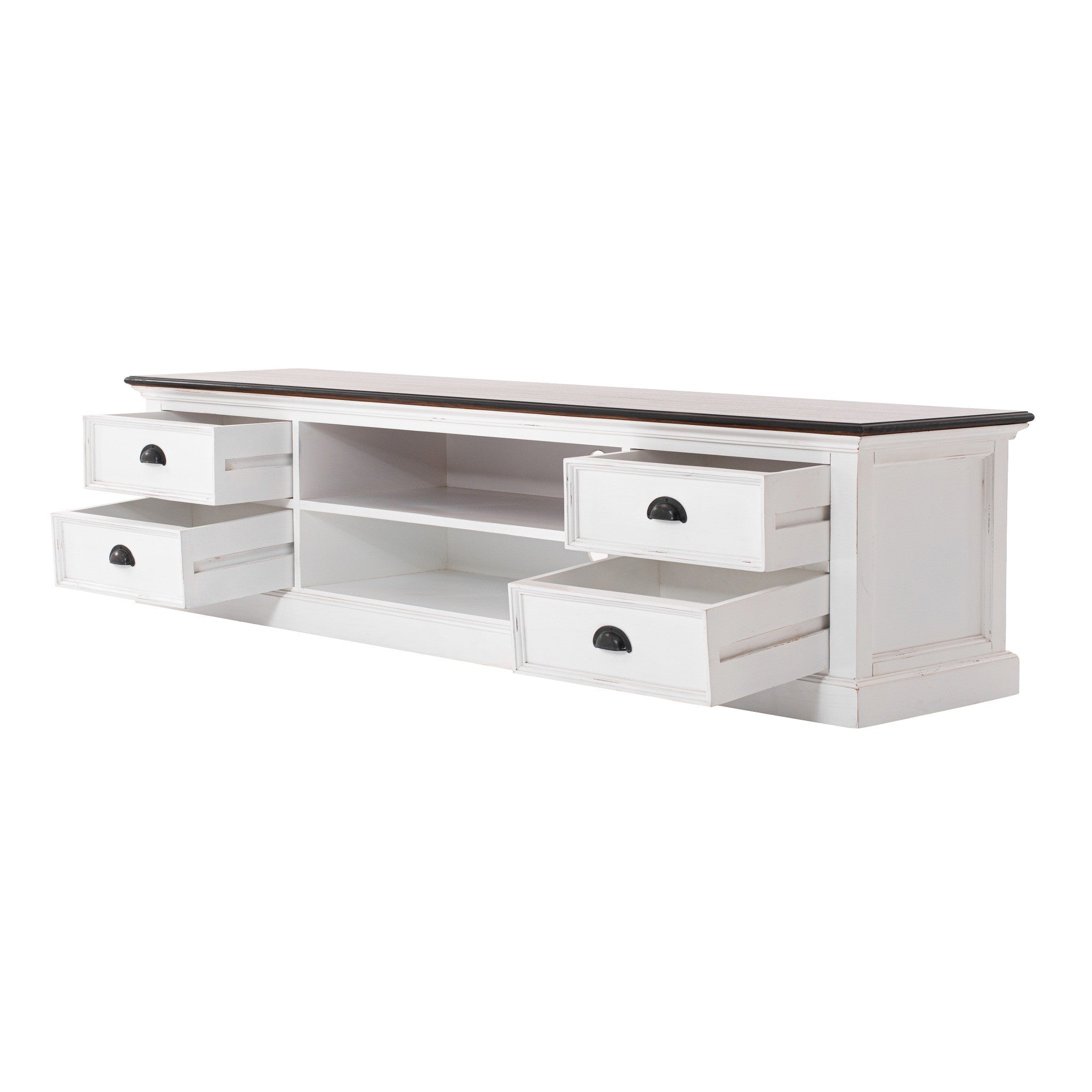 Halifax Accent Large ETU with 4 drawers, angled view with open drawers and open shelving, white entertainment unit with dark timber top.