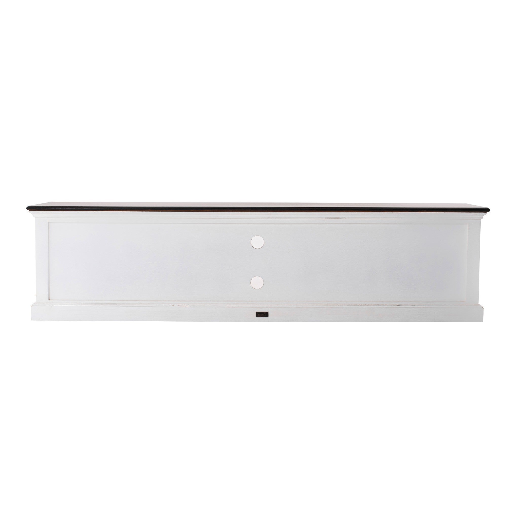 Halifax Accent Large ETU with 4 drawers, rear view of white entertainment unit with dark timber top and cable management holes.